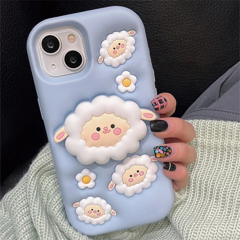 Симпатичный скрытый держатель 3D чехол для телефона с синей овечкой для iPhone 14 13 12 11 Pro Max милая девочка противоударный мягкий силиконовый чехол