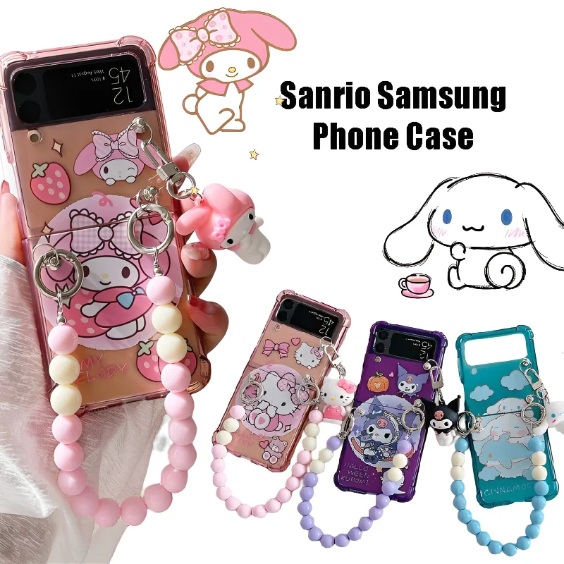 

Чехол с браслетом Kawaii Anime Sanrio Kuromi для Samsung Galaxy Zflip3 4 ударопрочный противоударный защитный чехол с милым 3D куклой