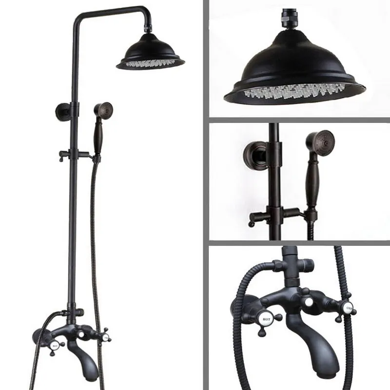 

Black Oil Rubbed Brass Wall Mounted Waterfall Rain Shower Faucet Set Dual Cross Handles Bathroom Bathtub Water Tap ahg113
