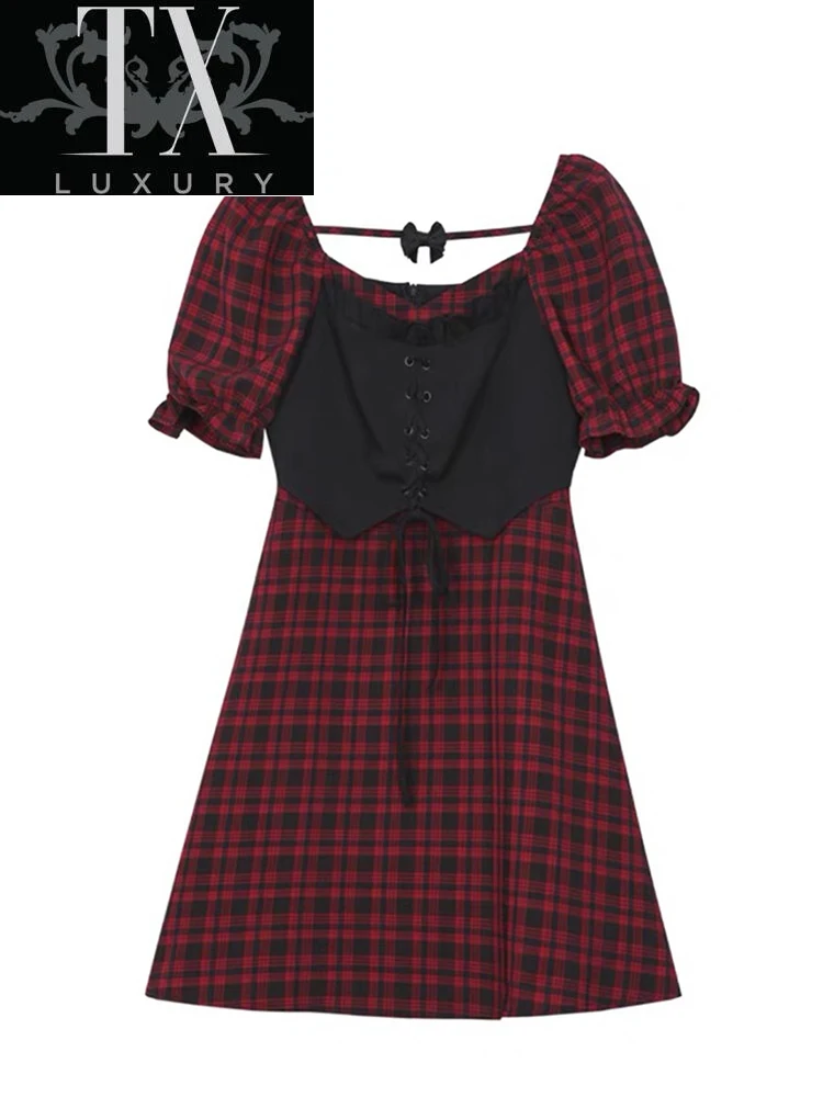 

Gothic Women Red Plaid Patchwork Bandage Square Collar Vestidos Summer Puff Sleeve A-Line Party Plus Size Mini Dress Mujer