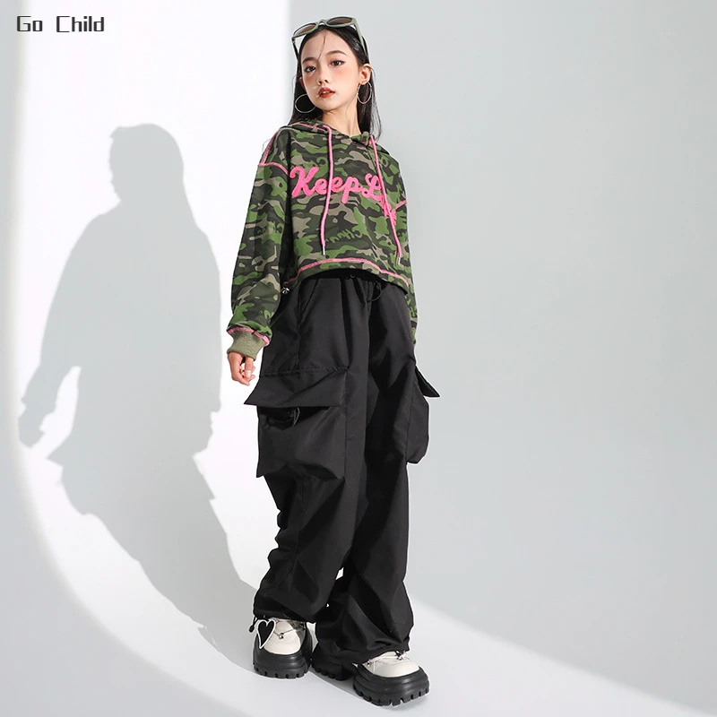 Камуфляжные толстовки и штаны-карго в стиле хип-хоп для девочек комплекты одежды