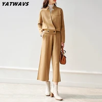 high quality office knitting pants two piece set for women elegant stand collar coat topcasual wide leg pants autumn chic suits