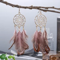 2022 new boho hollow dream catcher feather earrings for women colorful nature feather long dangle earring indian jewelry