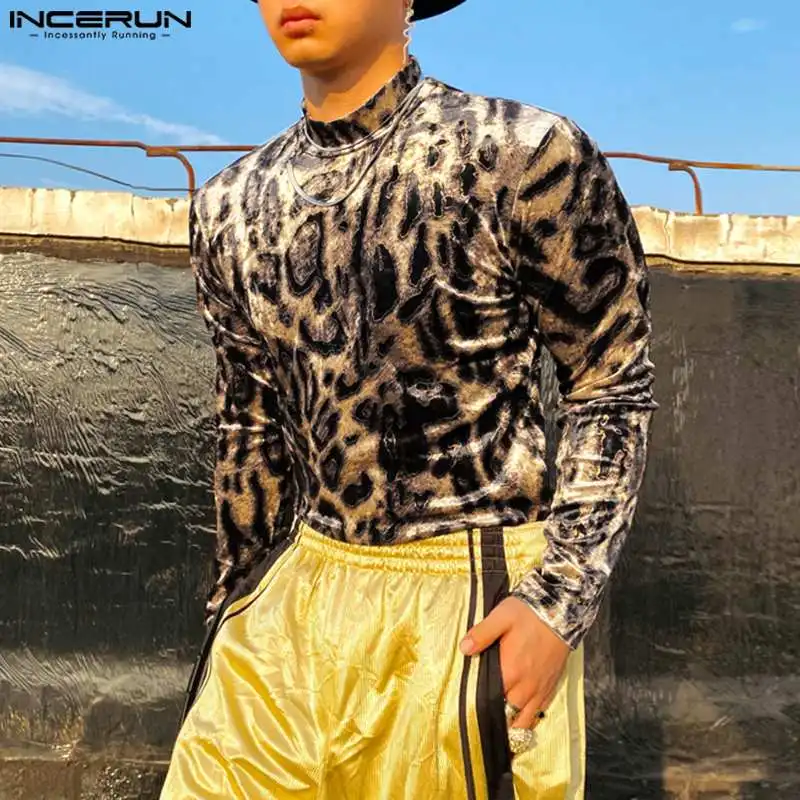 

INCERUN Tops 2023 Handsome Men Fashionable High Neck Suede T-shirts Casual Streetwear Leopard Printed Long Sleeve Camiseta S-5XL