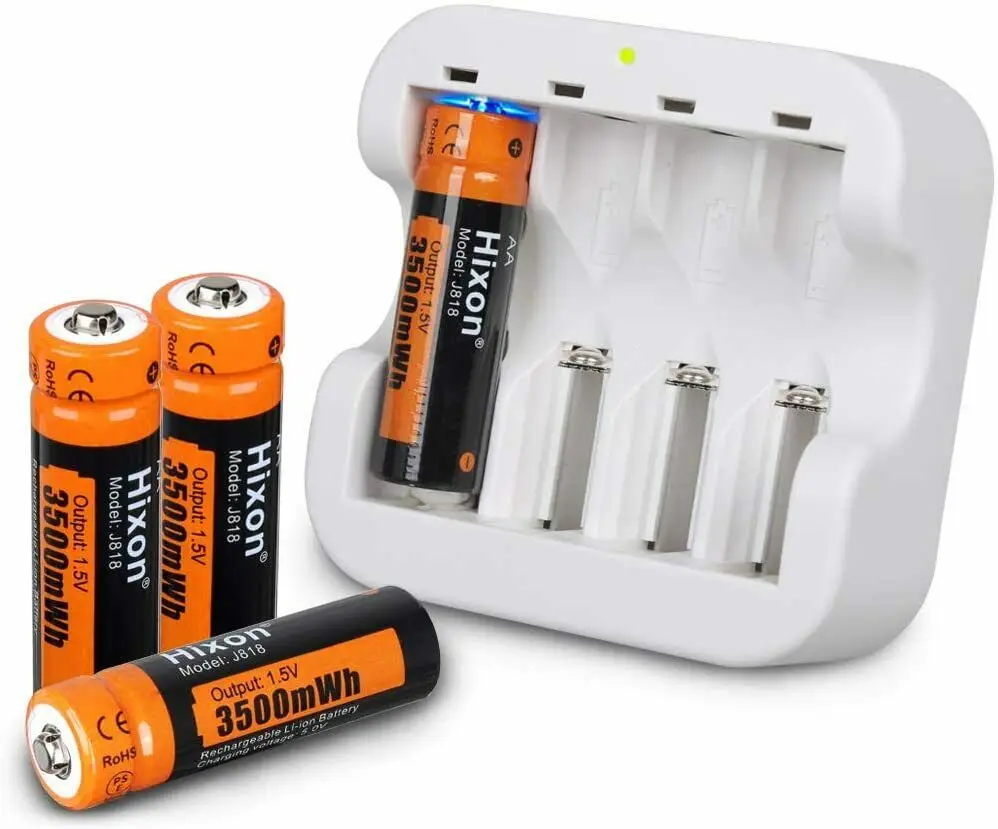 

Discount Hixon 4 Pack AA 1.5V Rechargeable Batteries 3500mWh 1200 Cycles 4 Slot Charger