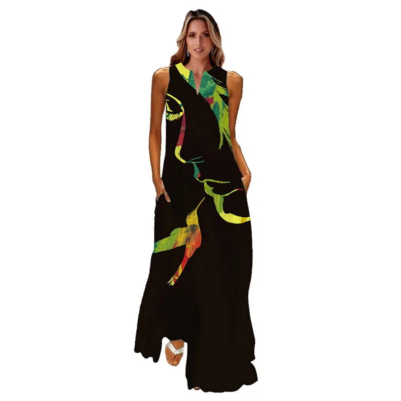 

WAYOFLOVE Spring Summer 2022 Dress Black Elegant Beach Casual Human Face Print Dresses Woman Sleeveless Loose Long Women's Dress