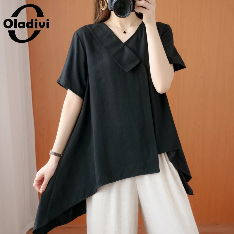

Oladivi Fashion Blouses for Women 2022 Summer New Oversized Clothing Short Sleeve Casual Loose Shirts Big Size Top 9105 XXL 3XL