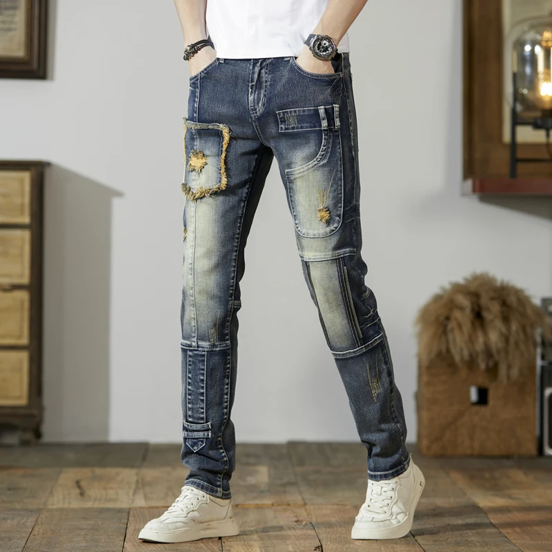Джинсы мужские зауженные на молнии рваные прямые брюки в стиле ретро эластичные