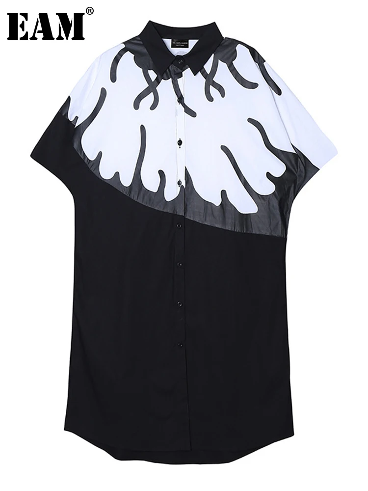 

[EAM] женское черное длинное платье-рубашка с принтом большого размера, новое свободное платье с отворотом и коротким рукавом, весна-лето 2022, ...