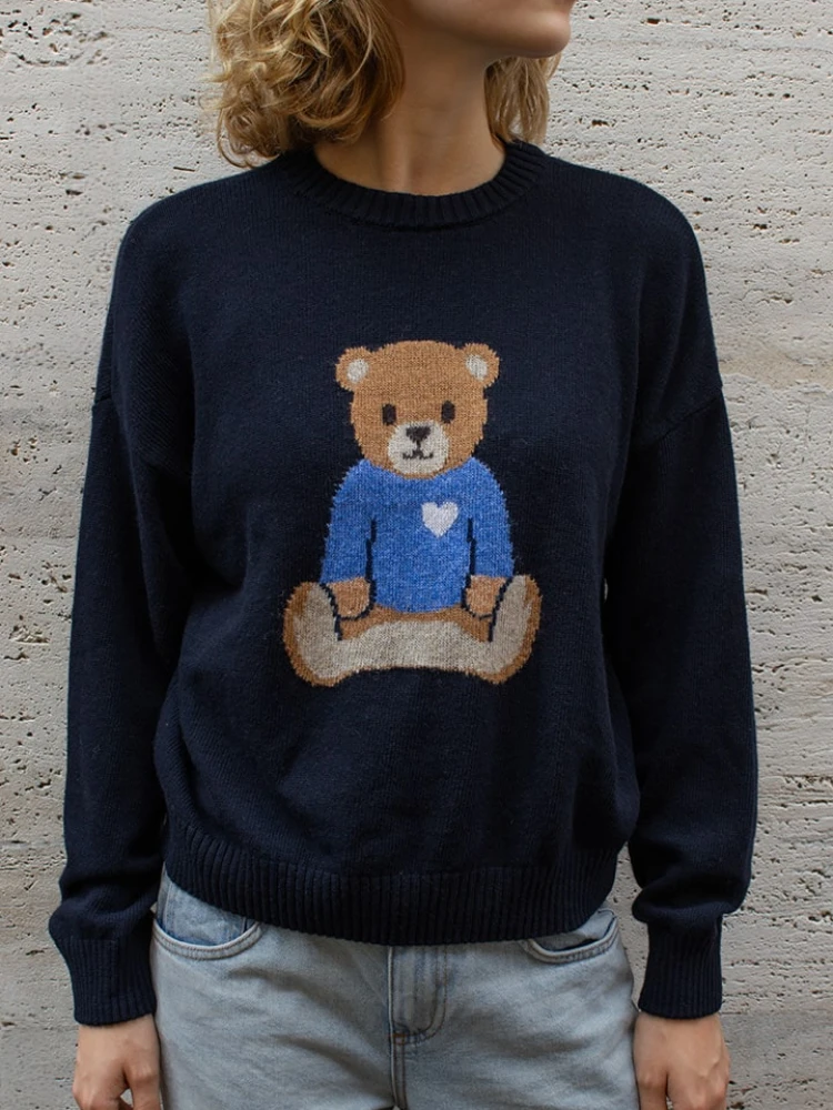 Женский свитер с вышивкой медведя повседневный Свободный вязаный пуловер