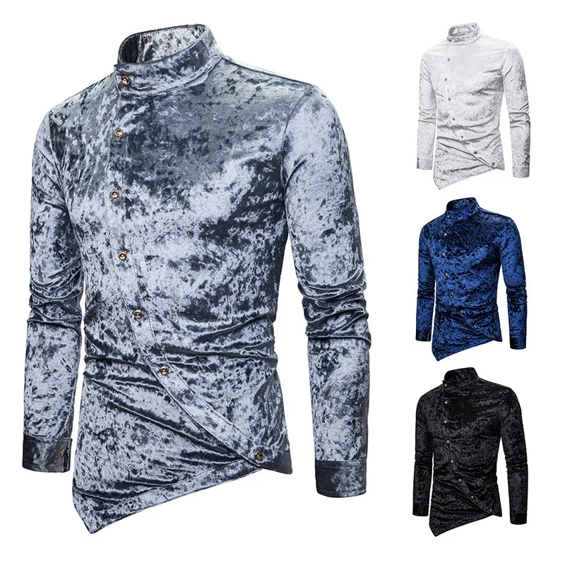 Personalized Diagonal Button Diamond Velvet Shirt Irregular Multicolor Henry Collar Shirt High-end Long-sleeved Shirt 2022 New
