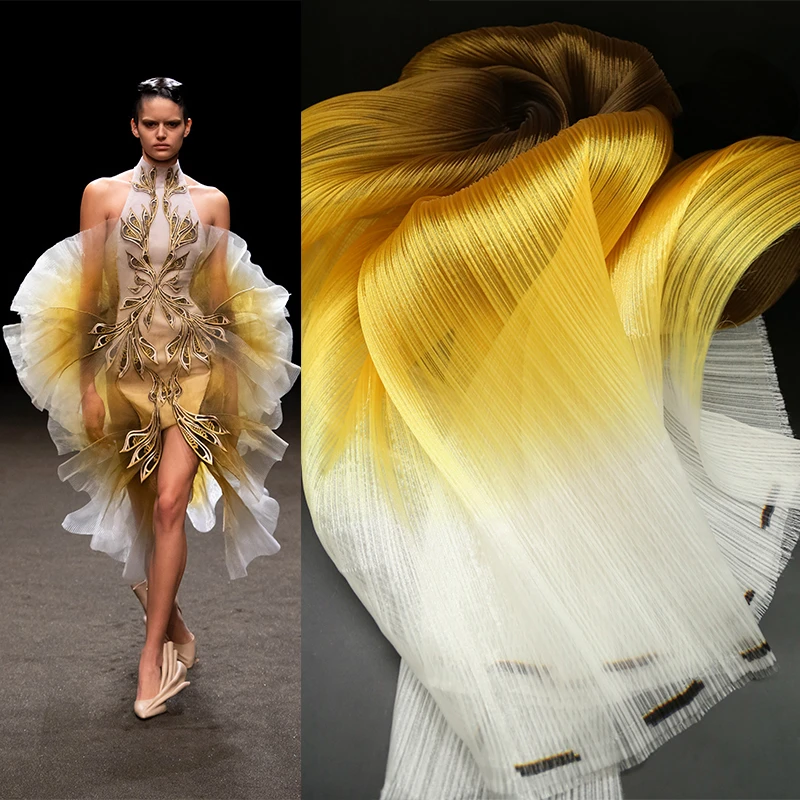 Блестящая градиентная плиссированная текстура гофрированная ткань из органзы