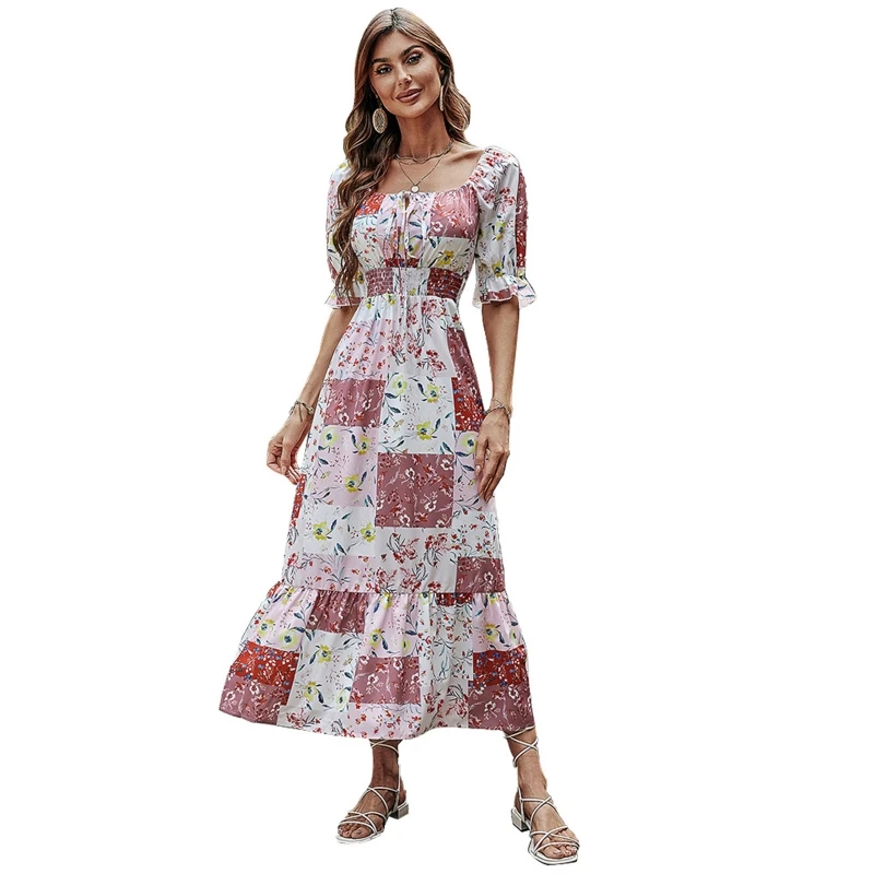 

Women Vintage Half Sleeve Square Neck Maxi Long Flowy Dress Boho Plaid Floral Splicing Print Lace-Up Ruffle Hem Sundress