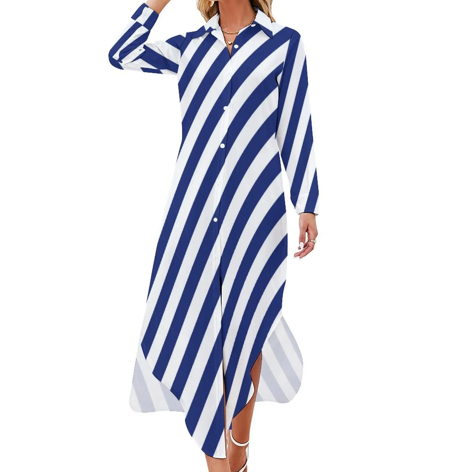 

Navy Blue White Nautical Casual Dress Diagonal Stripes Street Fashion Dresses Long Sleeve Kawaii V Neck Oversized Chiffon Dress