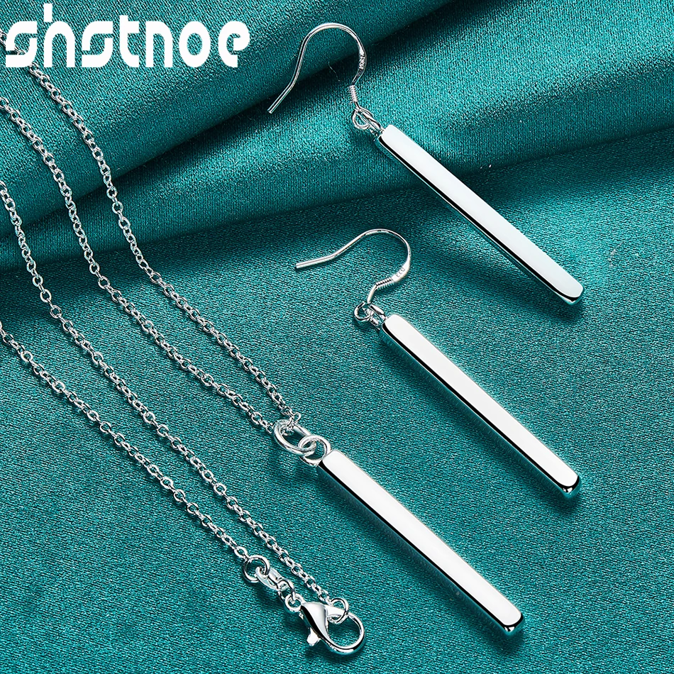 

2pcs 925 Sterling Silver Jewelry Sets Stereoscopic Rectangle Series Pendant Necklace Earrings For Woman Birthday Wedding Gifts