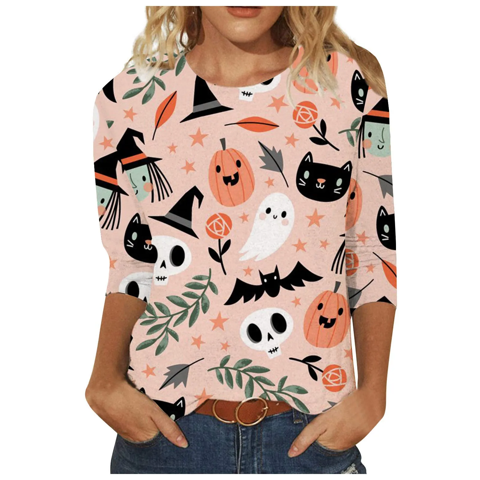 

Женские толстовки с капюшоном на Хэллоуин, свитшот с круглым вырезом и графическим принтом, Женский пуловер, женская одежда с рукавом 3/4, Жен...