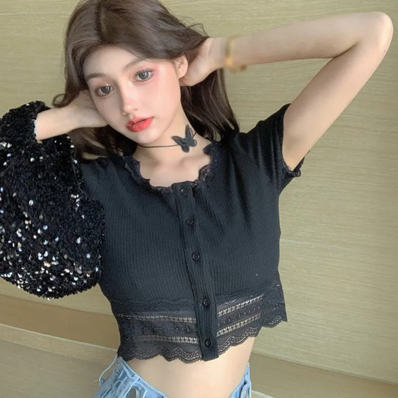 

Women's o-neck lace sewn navel short sleeve knitted cardigan knitted jacket slim fit casual sweet button placket cut exposed