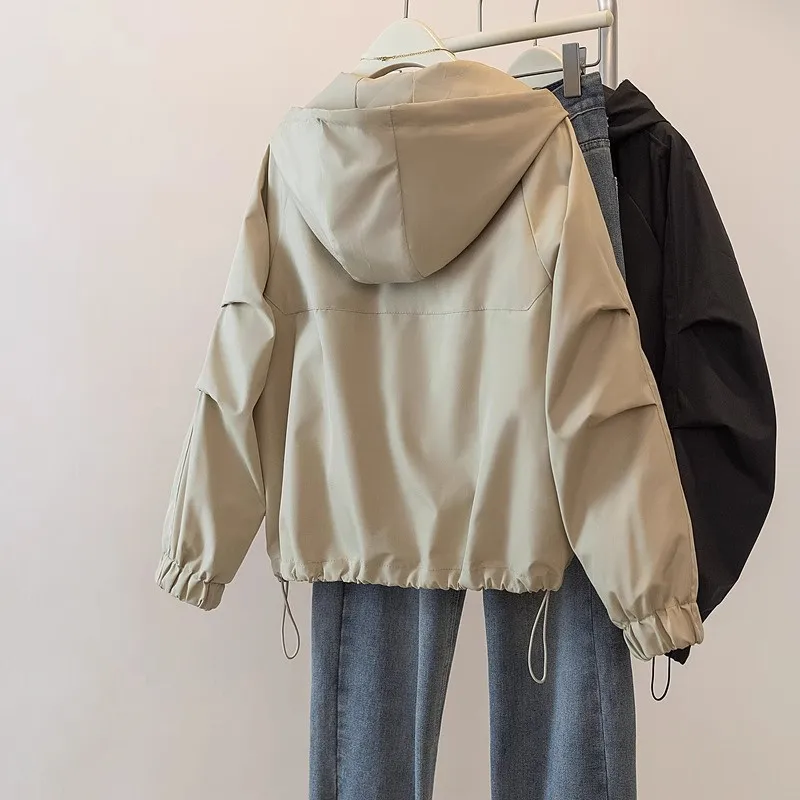 Фото 6XL модная свободная ветрозащитная куртка с большой молнией для отдыха на открытом воздухе, женская весенне-осенняя ветровка с капюшоном, плащ на молнии №3