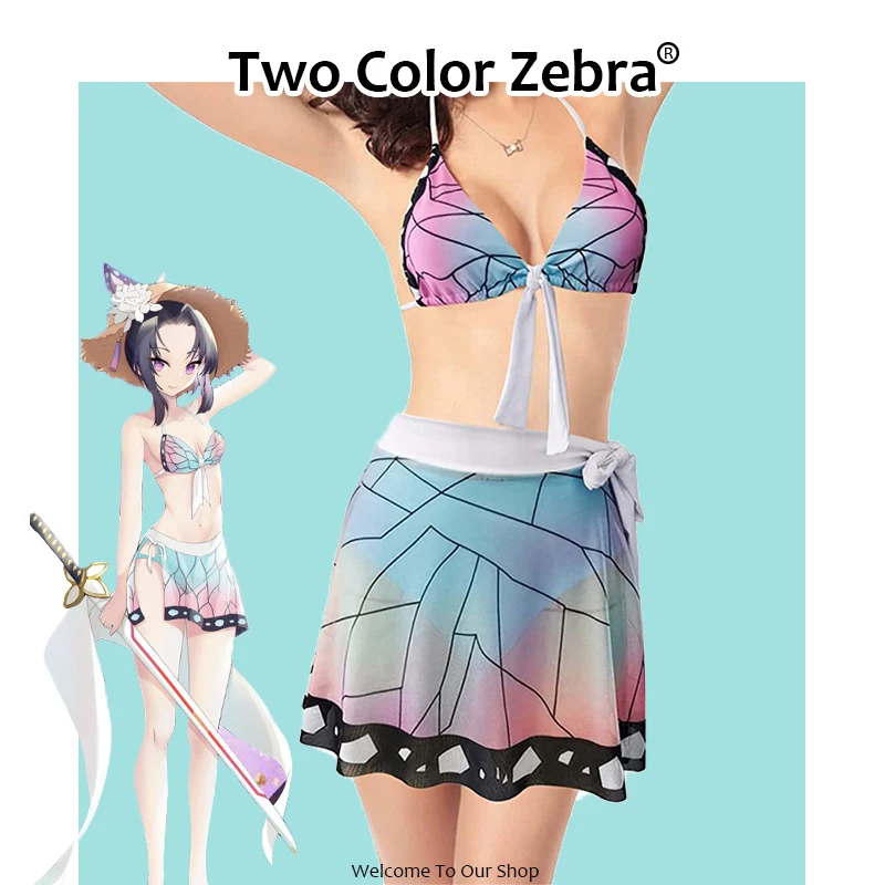 Косплей демона Slayer Kochou Shinobu купальный костюм купальник из трех частей с V-образным