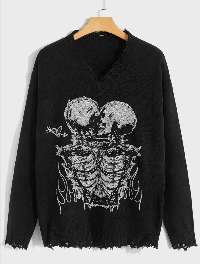 

Пуловер в стиле хип-хоп в стиле Харадзюку, Женский трикотажный свитер с рисунком скелета в стиле ретро, костюм унисекс с длинным рукавом, эстетика Y2K