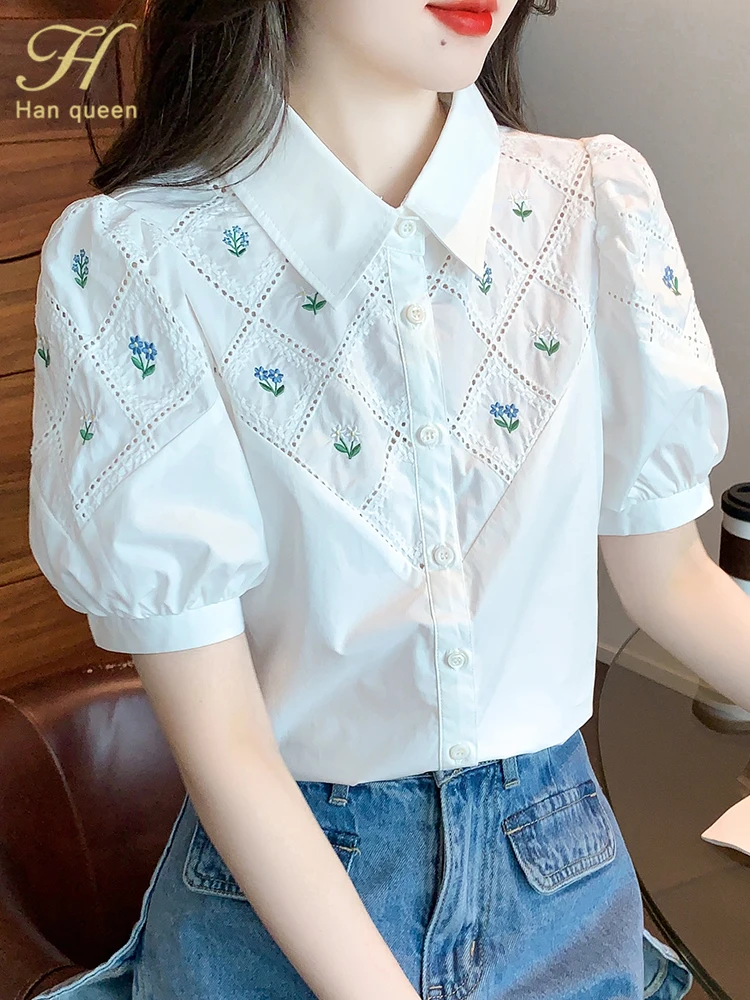 

H Han Queen 2023 Summer White Embroidery Office Blusas Vintage Tops Chiffon Blouses Women Simple Short Sleeve Work Casual Shirts