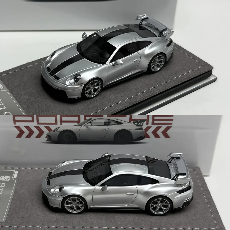 Фото Масштаб 1:64, новая модель 911 GT3 серебристого цвета, статическая миниатюрная имитация автомобиля из смолы, предмет декора для комнаты, праздничный подарок. №1