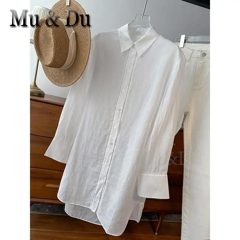 

Mu&Du 2023 Summer Women's New Ramie Long Shirt Cardigan Lapel Single Breasted Long Sleeved Blouse Female Beach Smock Blusas Tops
