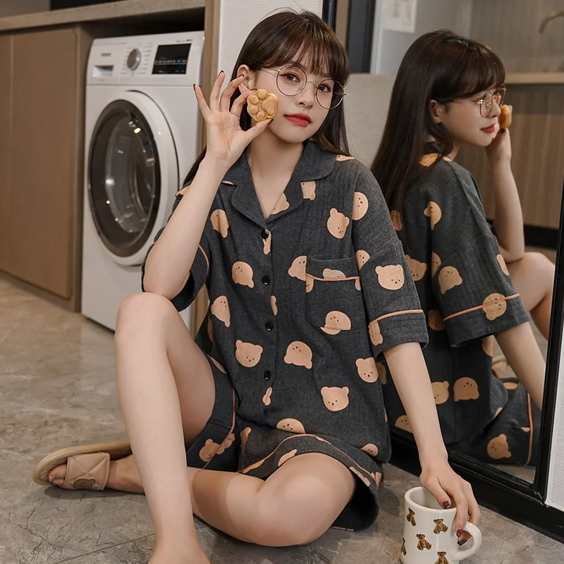 2022 Summer New Style Pajamas Women's Cardigan Lapel Cotton Thin Korean Sweet And Lovely Home Clothes Can Be Worn Out