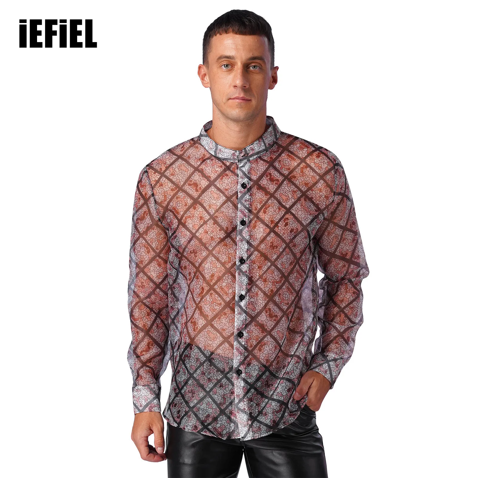 

Men Floral Print See-Through Shirt Long Sleeve Button Up Mesh Shirt Beach Pool Party Nightclub Hawaiian