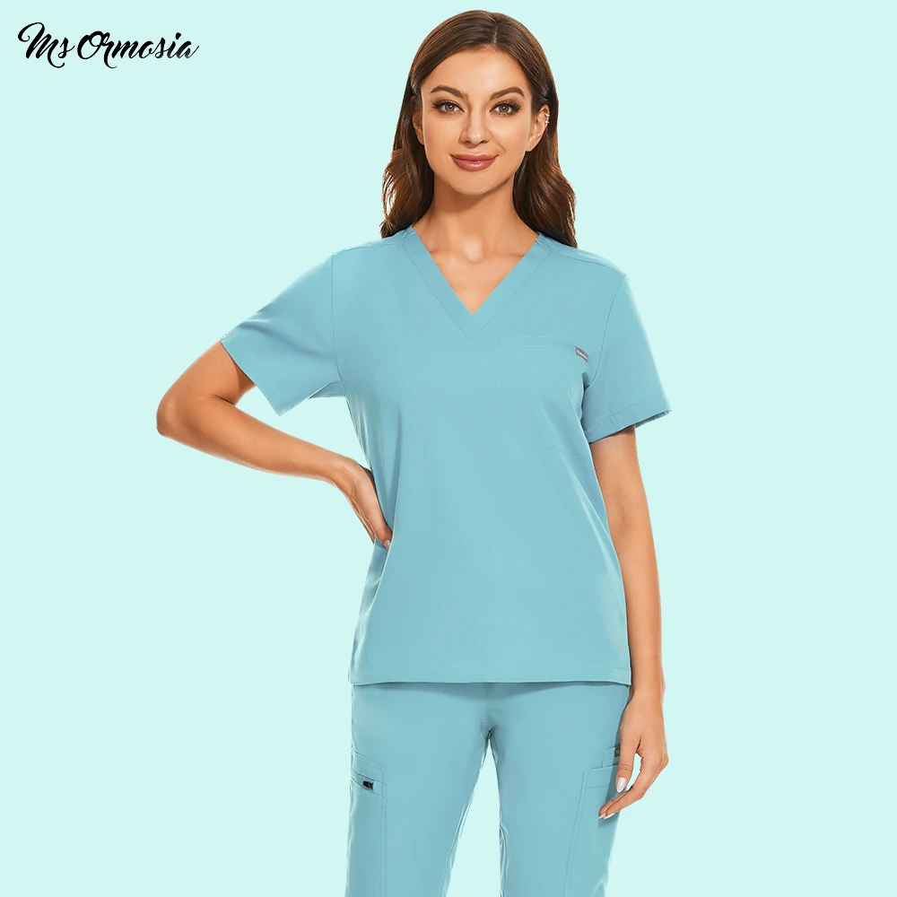 

Womens Short Sleeve V-Neck Pocket Care Workers T-Shirt Top Nurse Beauty Spa Uniform Health Workers Working Scrub Tops Oversized