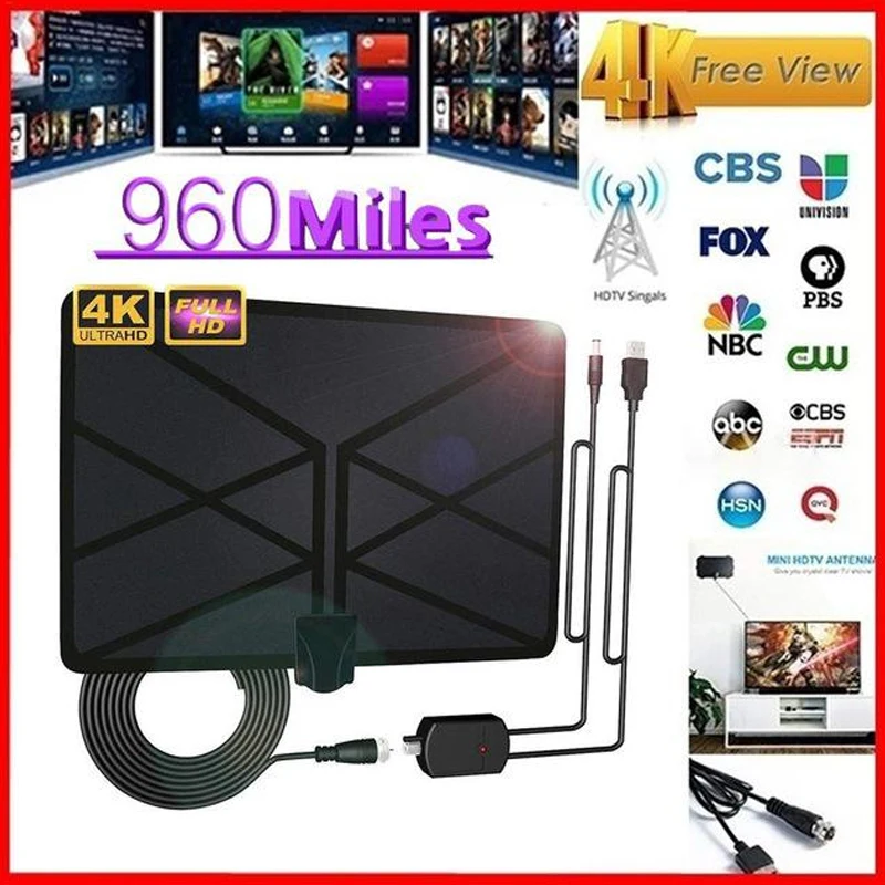 

960 Miles TV Aerial Indoor Amplified Digital HDTV Antenna With 4K UHD DVB-T Freeview TV For Life Local Channels Broadcast UHF/VH