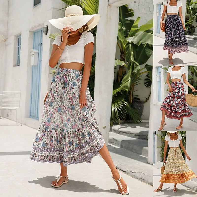 

Boho Retro Floral Print Skirts Women Summer High Waist A-Line Pleated Long Skirts Casual Holiday Beach Skirt