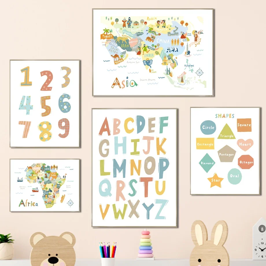 Американская Азия Африка Европейская карта формы цифры Алфавит искусство холст