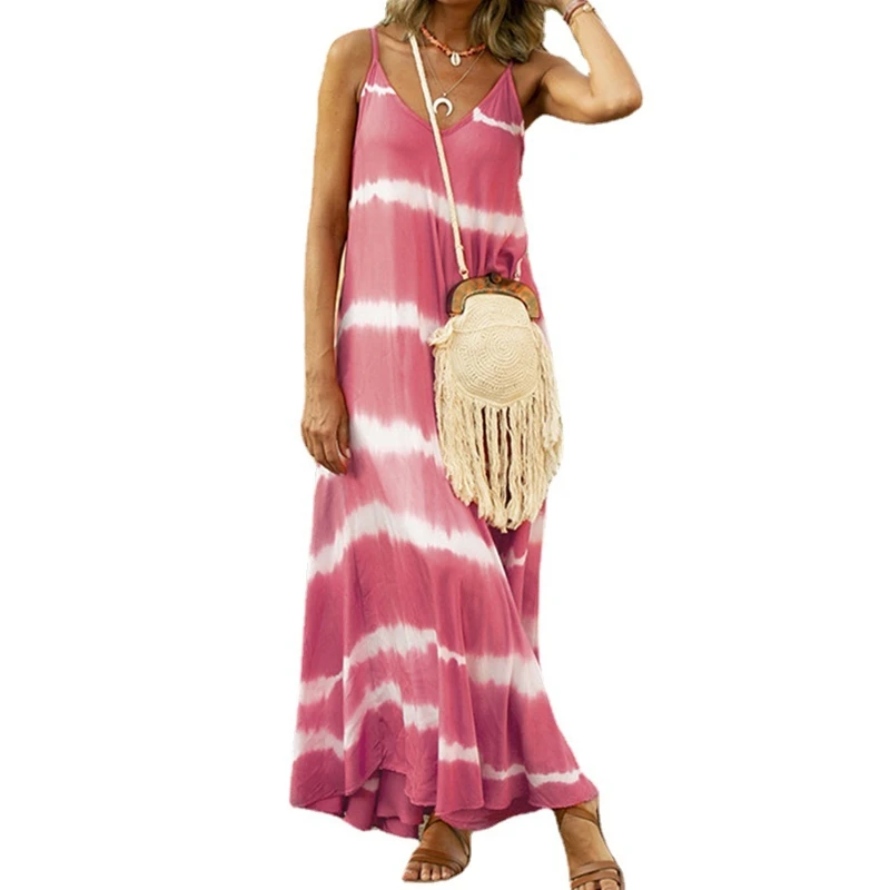 

Women Sleeveless Gradient Striped V-Neck Flowy Flare Hem Maxi Long Cami Dress