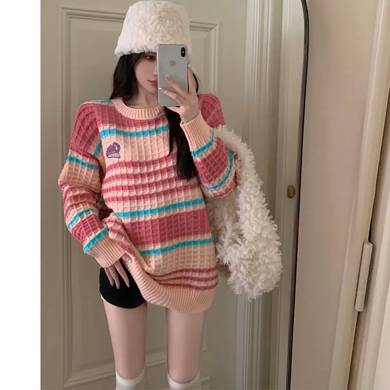 

STSVZORR Striped round neck jumper women autumn and winter 2023 new jacket loose lazy wind knit sweater pullover tops