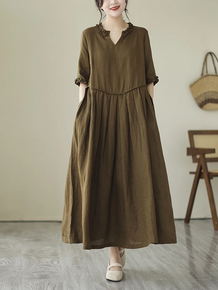 

Женское винтажное платье NYFS, Длинное свободное платье из хлопка и льна с коротким рукавом, однотонное, лето 2023