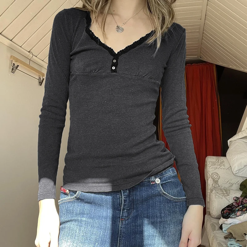 Женский винтажный кроп-топ с V-образным вырезом и длинным рукавом