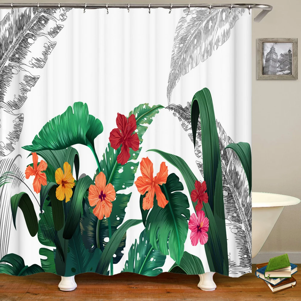 

Водонепроницаемая занавеска для душа с тропическими растениями, 12 крючков