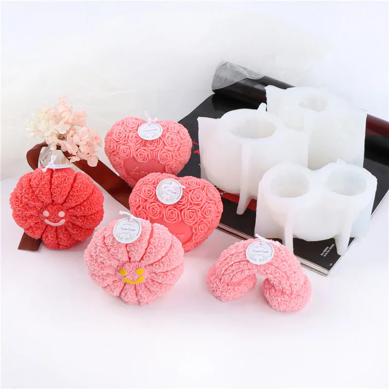 

3D LOVE Rainbow Roses Scented Candle Making Supplies DIY Petals Smiles Silicone Gypsum Mold Valentine's Day Deco Engagement Gift