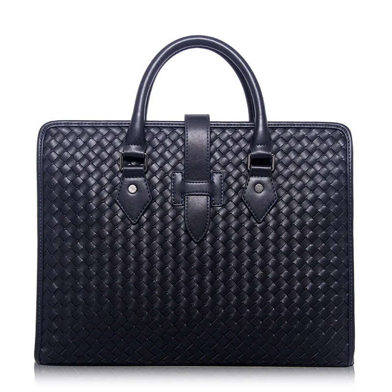 100% Genuine Leather Men's Briefcase Luxury Male Weave Handbag High Quality Real Leather Bag Messenger Bag for Gentlemen Fashion