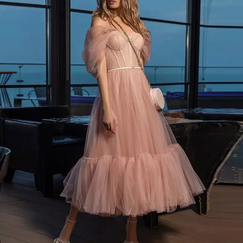 

Dusty Pink Vestido De Festa Backless Corset Puff Sleeve Party Gown Women Tulle Layered Princess Dress Evening Prom Dresses 2022