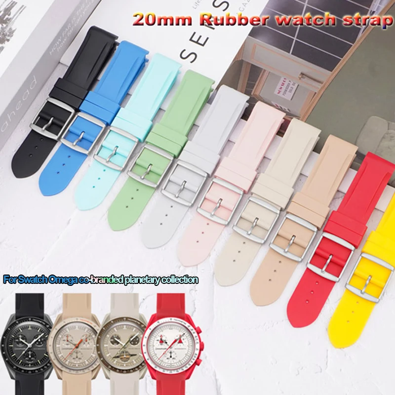 New Colorful Rubber Watch Band 20mm  for Omega×Swatch Joint MoonsSwatch Steel Pin Buckle Women Waterproof Curved End Watch Strap