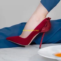 Petalo Suede Thin High Heel Pumps Sexy Pointed Toe Stiletto High Heel Shallow Burgundy Black Top Quality Women Shoes