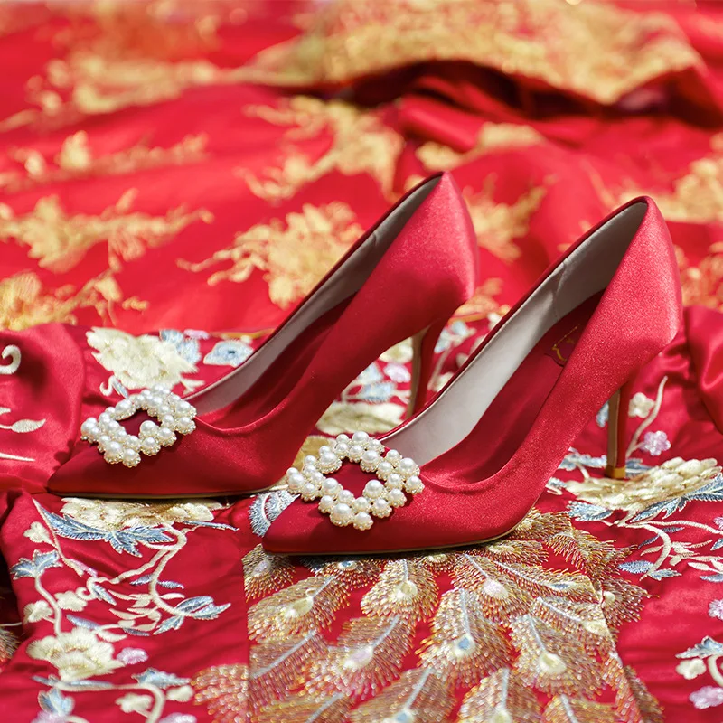 

Ladies Bridal Wedding Pumps Pointed Toe High Heels Pearl Red Satin Shoes Stiletto Ladies Shoes
