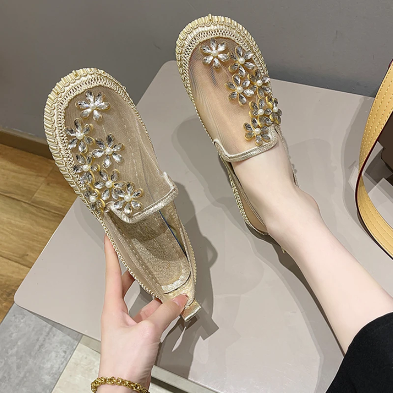 

2022 New Lace Mesh Crystal Floral Loafers Shoes Women Comfort Breathable Summer Walking Shoes Woman Fashion Slip-on Ballet Flats