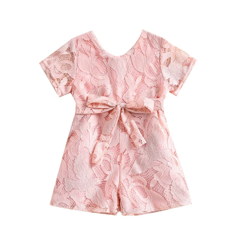 

Summer Toddler Baby Girls Romper Short Sleeve Crew Neck Lace Flower Short Kids Jumpsuit Children's Clothing