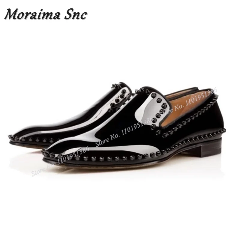 

Moraima Snc Black Rivet Decor Men Shoes Patent Leather Men's Dress Shoes Soft Slip on New Party Shoes Big Size 47 Sprig Autumn