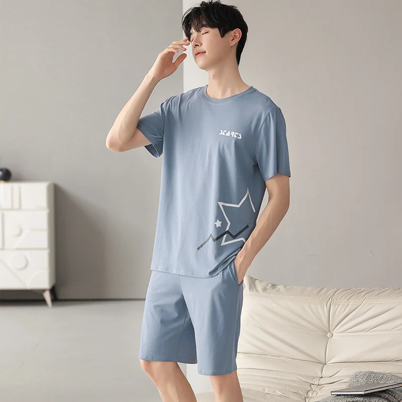 CAIYIER Summer Mens Pajamas Set Loose Loungewear Nightwear Short Tops Short Sleepwear For Male Soft Leisure L-4XL Night Clothing