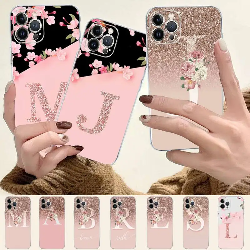 

Letter Pink Shiny M R Phone Case For iPhone 8 7 6 6S Plus X SE 2020 XR XS 14 11 12 13 Mini Pro Max Mobile Case