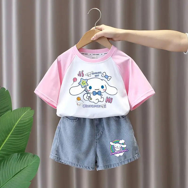 

Милый Sanrio Cinnamoroll 2023, новый милый летний костюм для девочек с мультяшным рисунком, шорты с коротким рукавом, комплект из двух предметов, подарок для детей